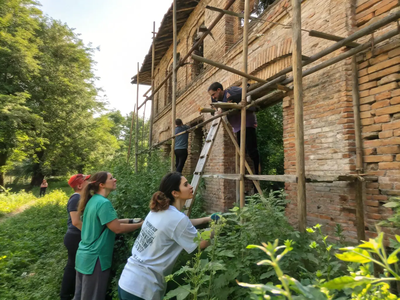 A group of volunteers working together to restore an old stone wall, showcasing community involvement in preservation efforts.