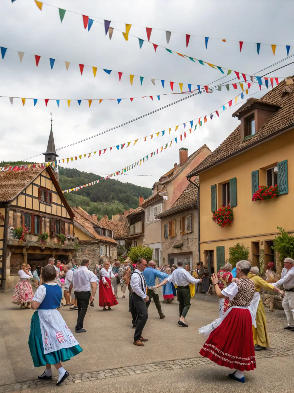 A vibrant image capturing a traditional Provençal dance performance during a cultural festival in a village square in the Alpilles.