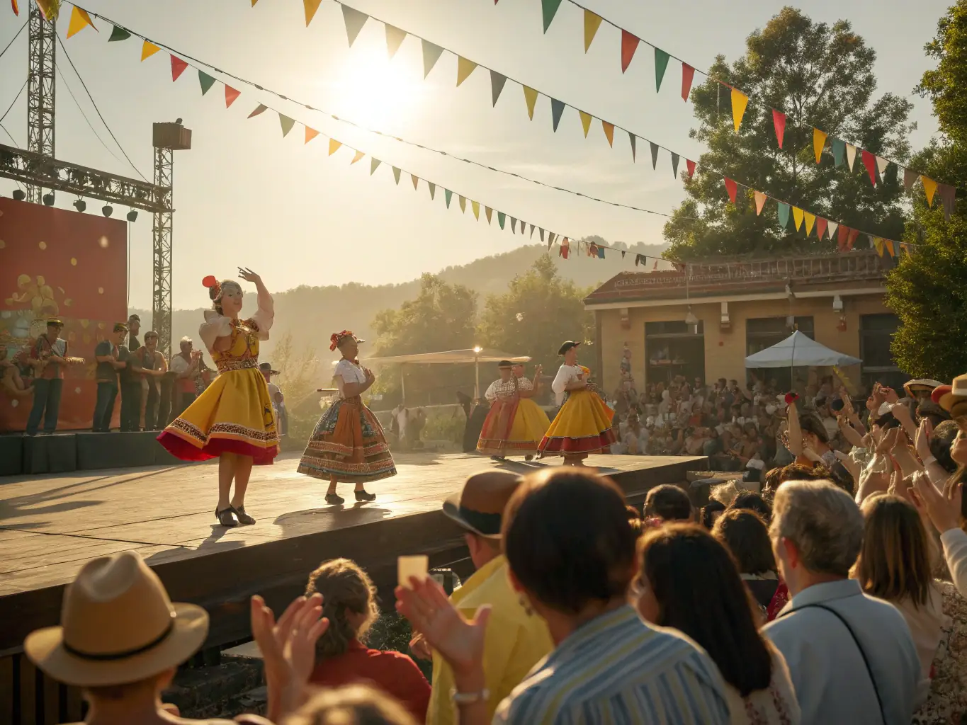 A vibrant scene from a local cultural festival, showcasing traditional music, dance, and crafts of the Alpilles region.