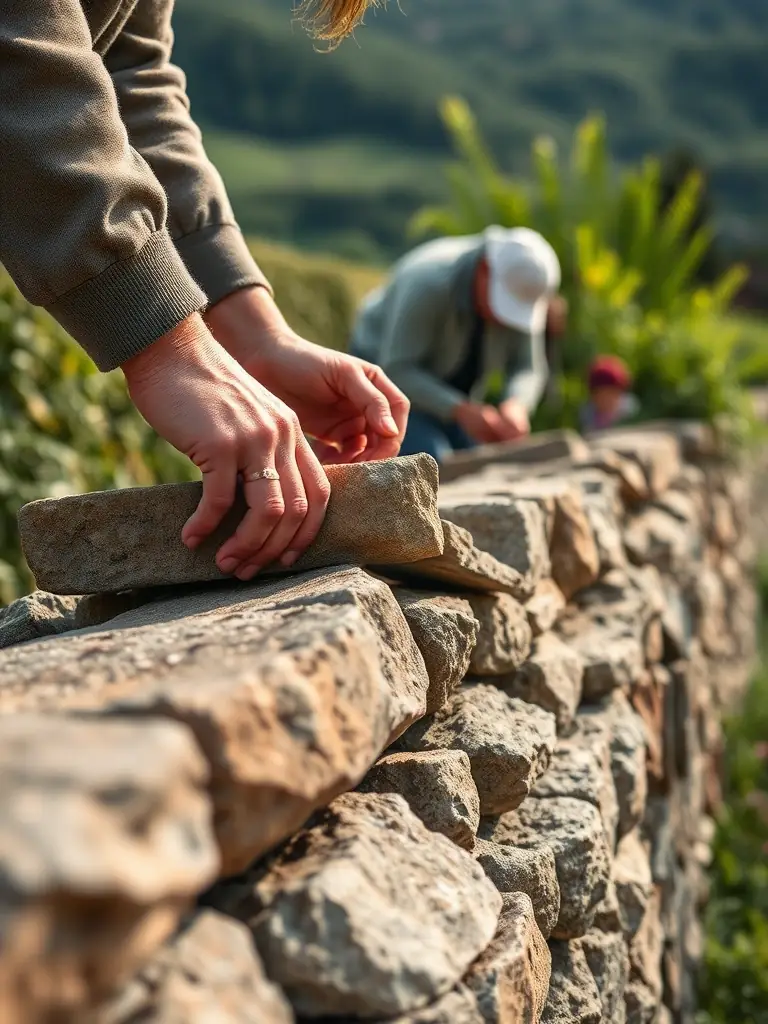 A photograph of volunteers meticulously restoring a stone wall of an ancient building in Les Alpilles, showcasing the hands-on preservation work.